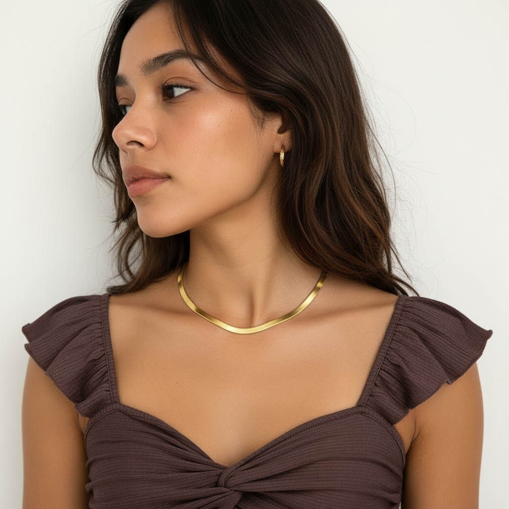 Snake chain necklace for women – gold flat herringbone chain, anti-tarnish, India