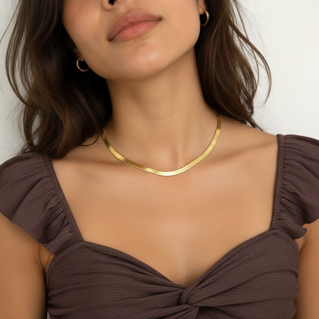 Snake chain necklace for women – gold flat herringbone chain, anti-tarnish, India